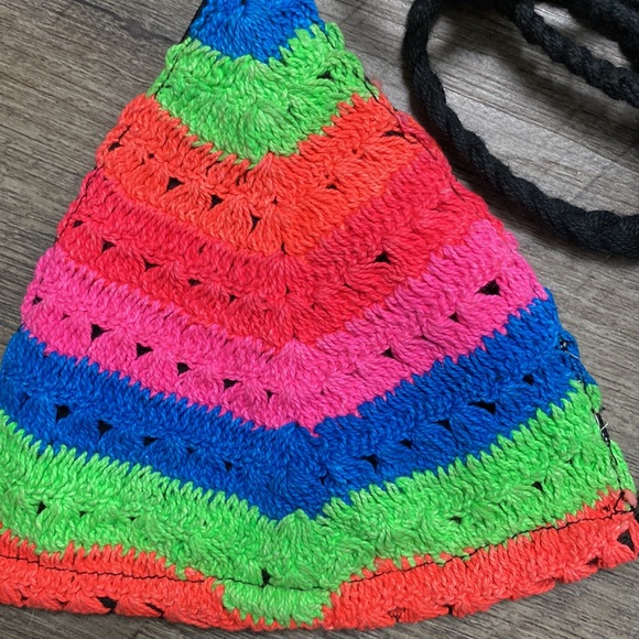 Dolls Kill Club Exx Crochet knit rainbow bikini top wth black lining M - Picture 9 of 11